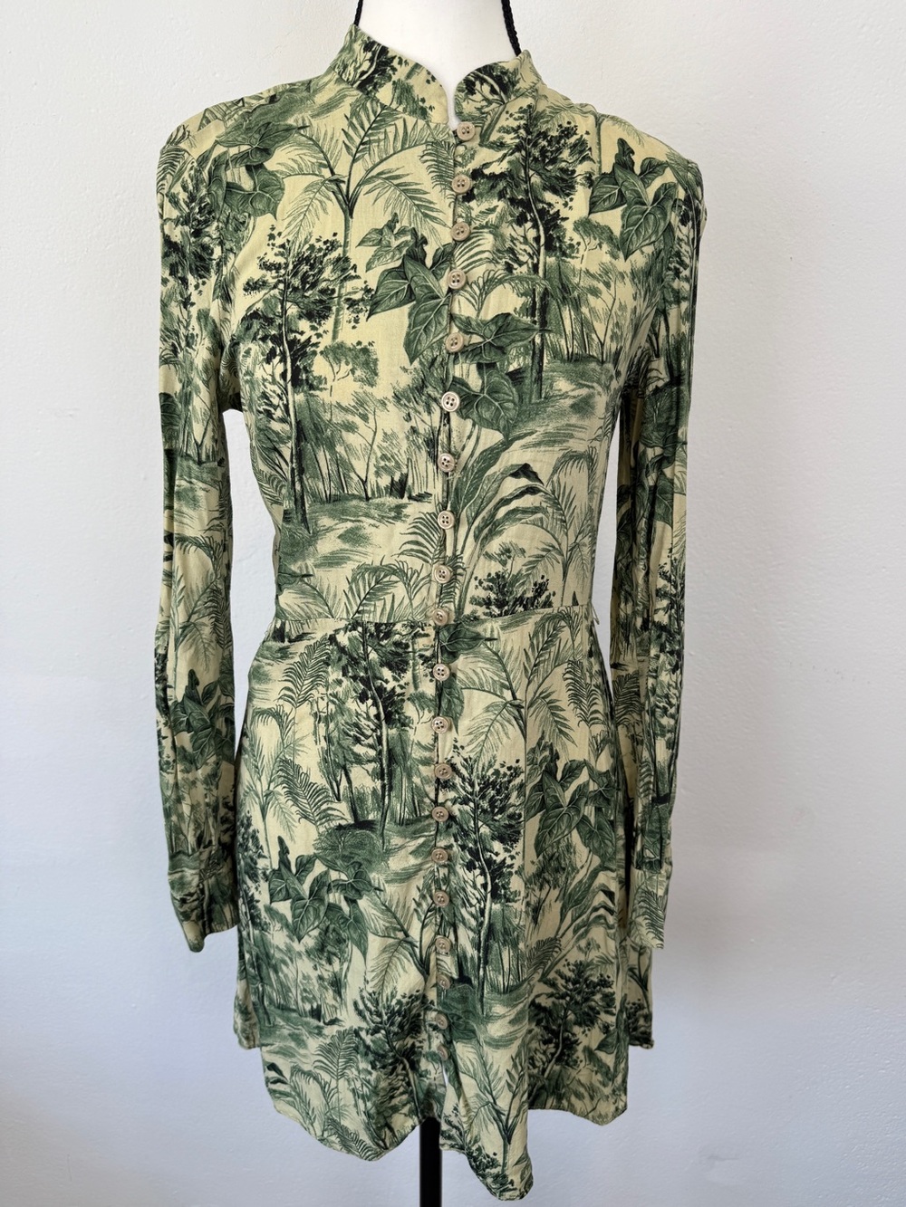 Zara Size Small Jungle Safari Print Linen Blend Mini Green Button Front Dress